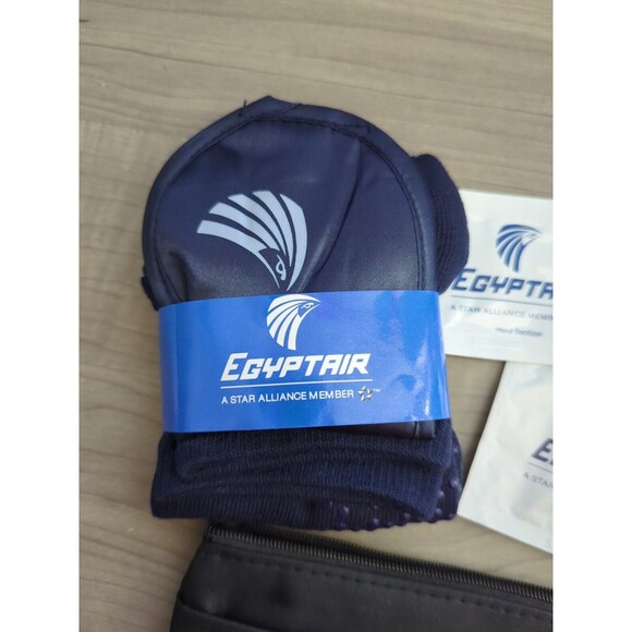 Egypt Air Amenity Kit Pouch Navy Blue Bag Aviation Collectible Socks Eye Mask - Picture 3 of 6